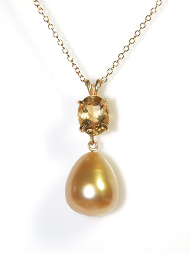 Gold South Sea Pearl and Citrine pendant in 18k gold