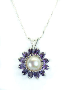 Pearl and Amethyst Flower Pendant in Sterling Silver