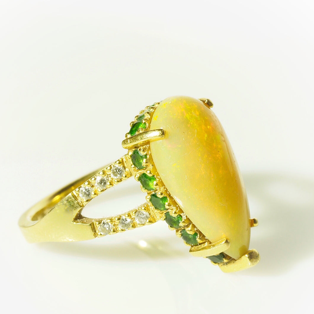 Opal, Tsavorite Diamond Ring in 18K Yellow Gold