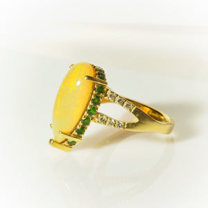 Opal, Tsavorite Diamond Ring in 18K Yellow Gold