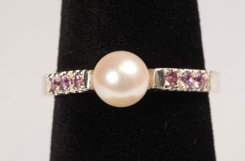 Akoya Cultured Saltwater Pearl and Pink Garnet Ring in Sterling Silver