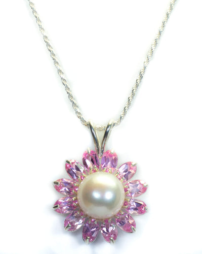 Pearl and Pink Topaz Flower Pendant in Sterling Silver