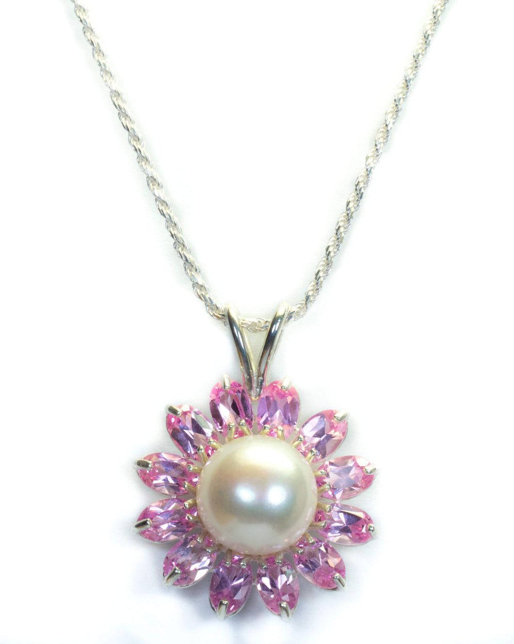 Pearl and Pink Topaz Flower Pendant in Sterling Silver