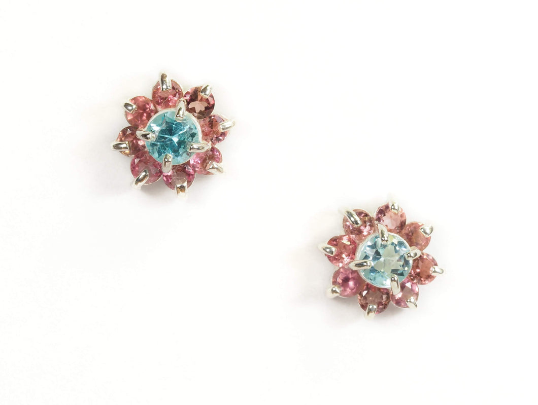 Pink Tourmaline and Blue Topaz Earrings in Sterling Silver