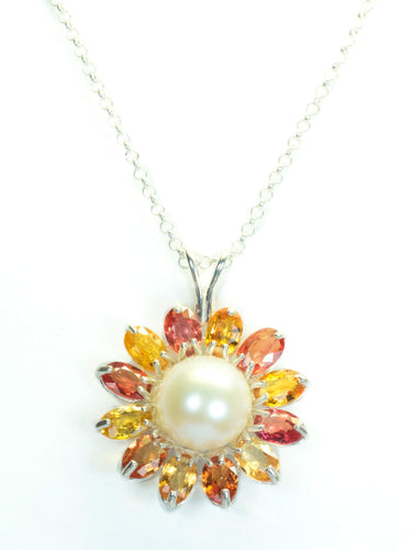 Pearl and Yellow and Orange Sapphire Pendant in Sterling Silver