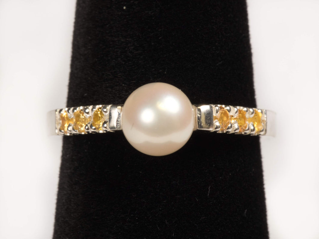 Akoya Cultured Saltwater Pearl and Yellow Sapphire Ring in Sterling Silver